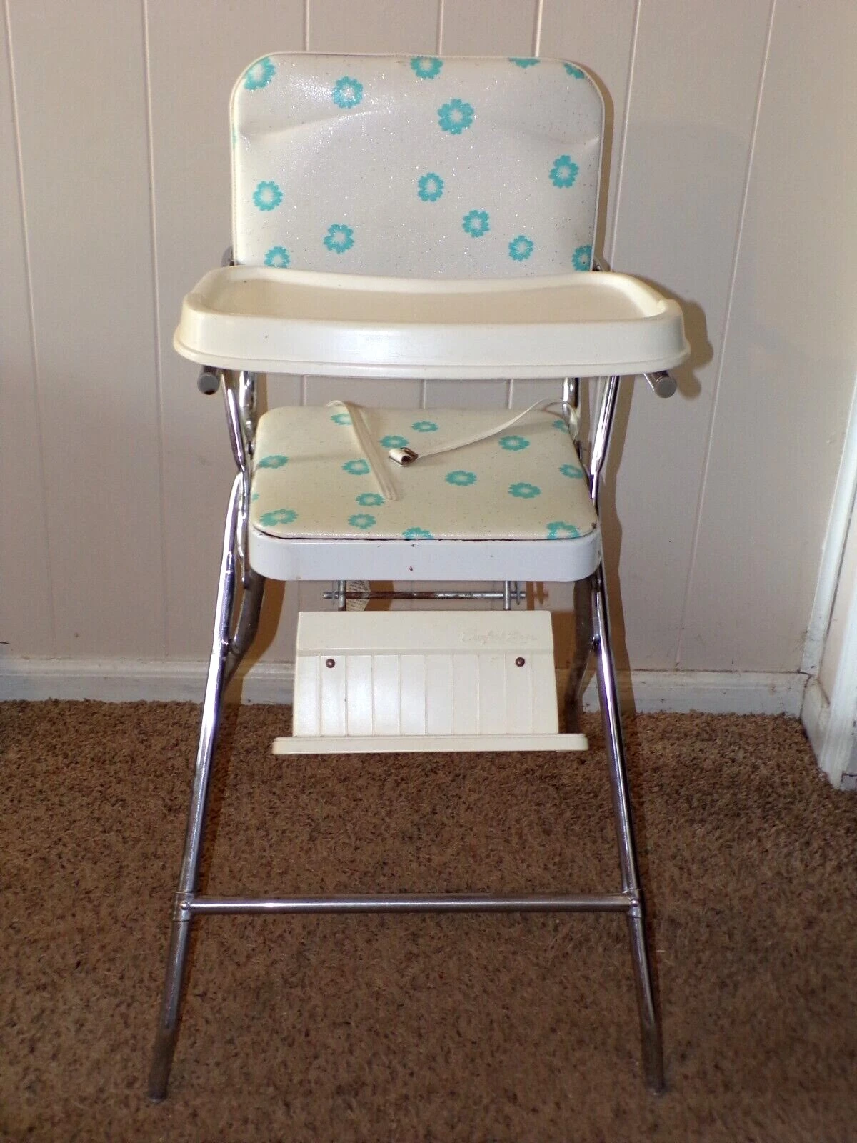 VTG Retro Comfort Lines K58 Chrome Vinyl Plastic Baby Highchair Blue Flowers