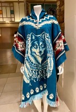 HANDCRAFTED ALPACA CAPE PONCHO, WOLF DREAMCATCHER, Light Blue, Made In Ecuador