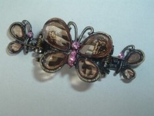 VINTAGE PINK RHINESTONE CHAMPAGNE PLASTIC GEM BUTTERFLY METAL HAIR CLAW CLIP