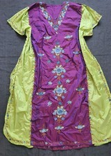 Vintage Long Kaftan Caftan Dress Purple Green Silky Embroidered Maxi Indian M/L