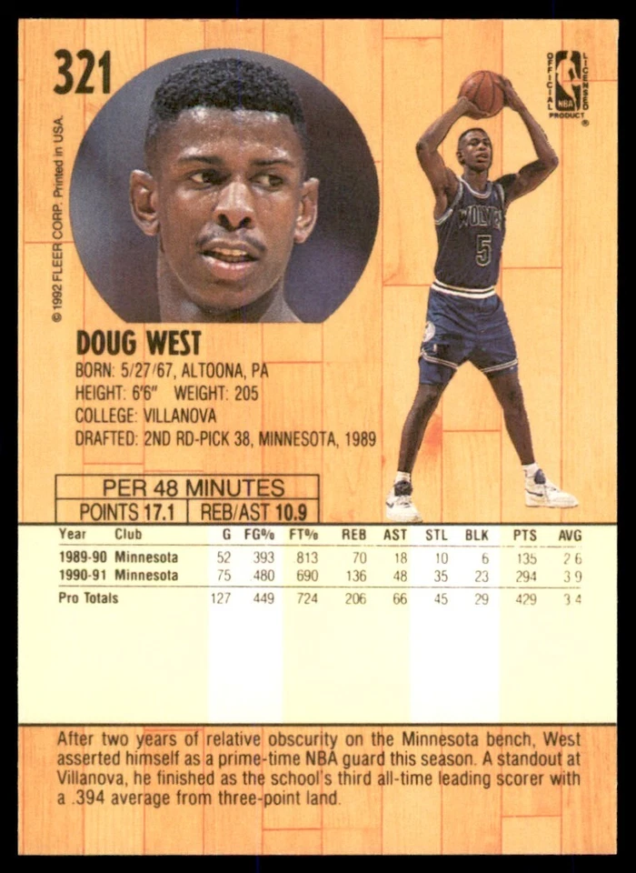 1991-92 FLEER DOUG WEST MINNESOTA TIMBERWOLVES #321 - Image 2 of 2