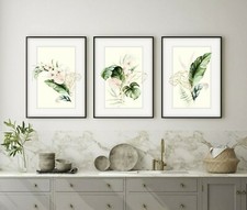Botanical Leaf Prints. Set of 3 Tropical Fern Palm Orchid Leaves Green Wall Art
