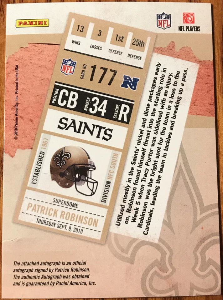 2010 Playoff Contenders Rookie Ticket Autograph Patrick Robinson #177 - Image 2 of 2