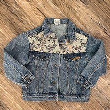 Girls Vintage 90s Jordache Woven Angel Print Denim Jean Jacket Sz 6 Blue White