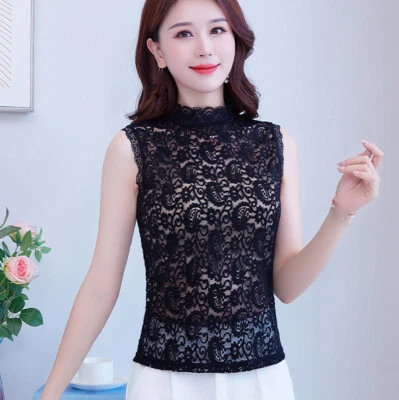 Femme Basique Débardeur Dentelle Bas Chemise Faux Floral Col sans Manche Pur - Photo 1/4
