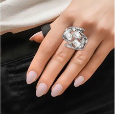 Women Silver Loops and Clear Crystal Rhinestone Stretch Cocktail Fashion Ring
