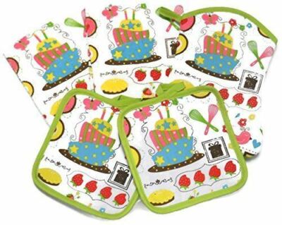 Kitchen Towel Set 5 Pc 2 Towels, 2 Pot Holders, Oven Mitt, NEW Bakery