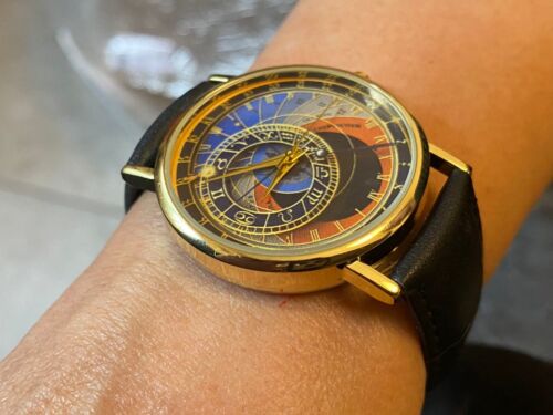Prague Astronomical Tower Leather Watch Flat Earth Unisex Black Fine Wristwatch - Picture 3 of 10