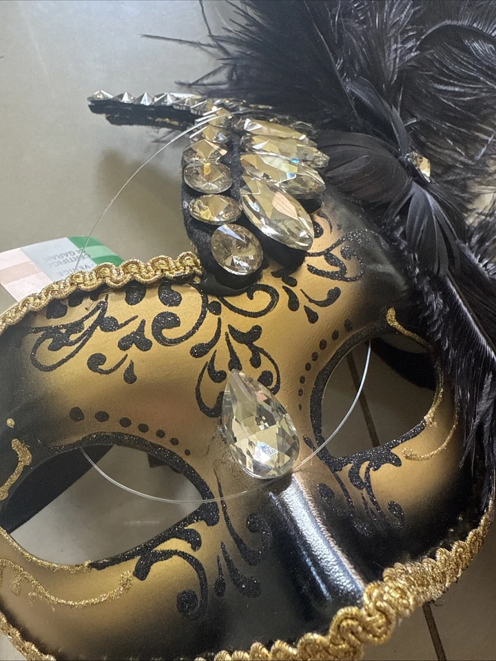Venetian Mask Handmade In Italy Gold Black Lace Feathers Half Face Masquerade - Image 3 of 4