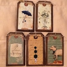 5 Handcrafted Wooden SPRING/GARDEN/EASTER Ornaments - Spring HangTags SETu