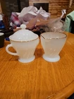 Vintage Anchor Hocking Milk Glass Creamer And Sugar Gold Trim