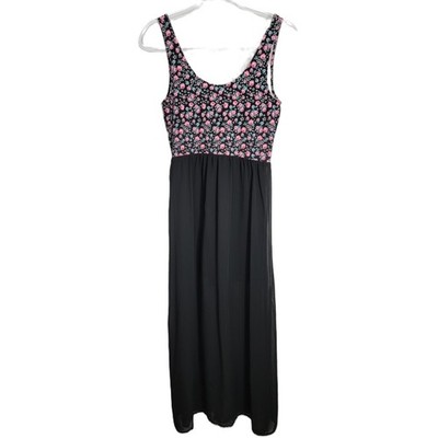 Divided H&M Y2K Maxi Dress 10 Black Floral Sheer Overlay High Slit Sleeveless