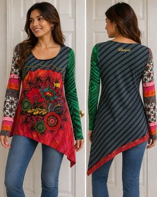 Desigual Women s Asymmetrical Floral Tunic Top Long Sleeve Multicolor Size M