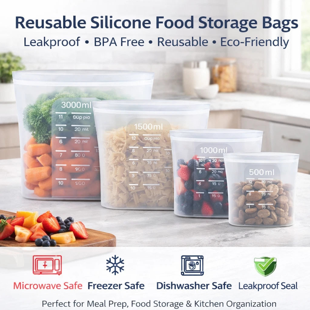 Reusable Silicone Food Storage Bag Set Leakproof Freezer Microwave Safe - 4Pk
Opens in a new window