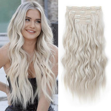 Clip In Hair Extensions Blonde 24 Inch Thick Long Beach Waves 4PCS Platinum