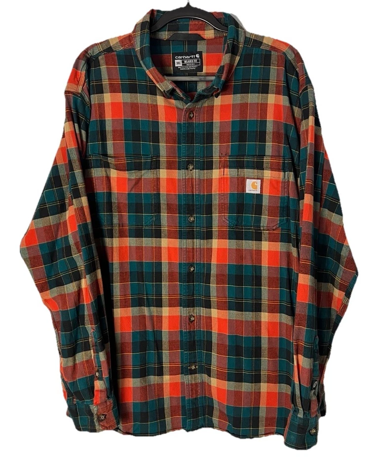 Camisa Carhartt Para Hombre 3XL Naranja y Verde Azulado Franela Pesada Usada en Excelente Condición Foto 2 de 4