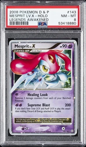 2008 POKEMON DIAMOND & PEARL LEGENDS AWAKENED #143 MESPRIT LV.X-HOLO PSA 8