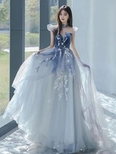 Blue Grey Tulle Floral Embroidered Prom Dress Princess Dres Fairy Gown Wedding