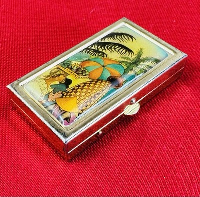 Vtg Art Deco Gold Compact Pill Enamel Beach Scene Lid Small Sewing Pin Mini Box
