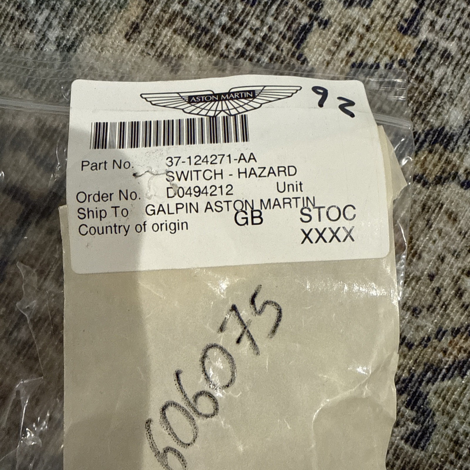 Aston Martin DB7 2000-2004 Hazard switch P/N 37124271AA