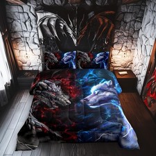 3D Dragon Comforter Set Twin Size,Western Dragon Wild Wolf Jungle Animal Hunt...