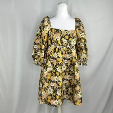 Storia Women Medium Babydoll Dress Gold Floral Puff Sleeve Retro Cottagecore