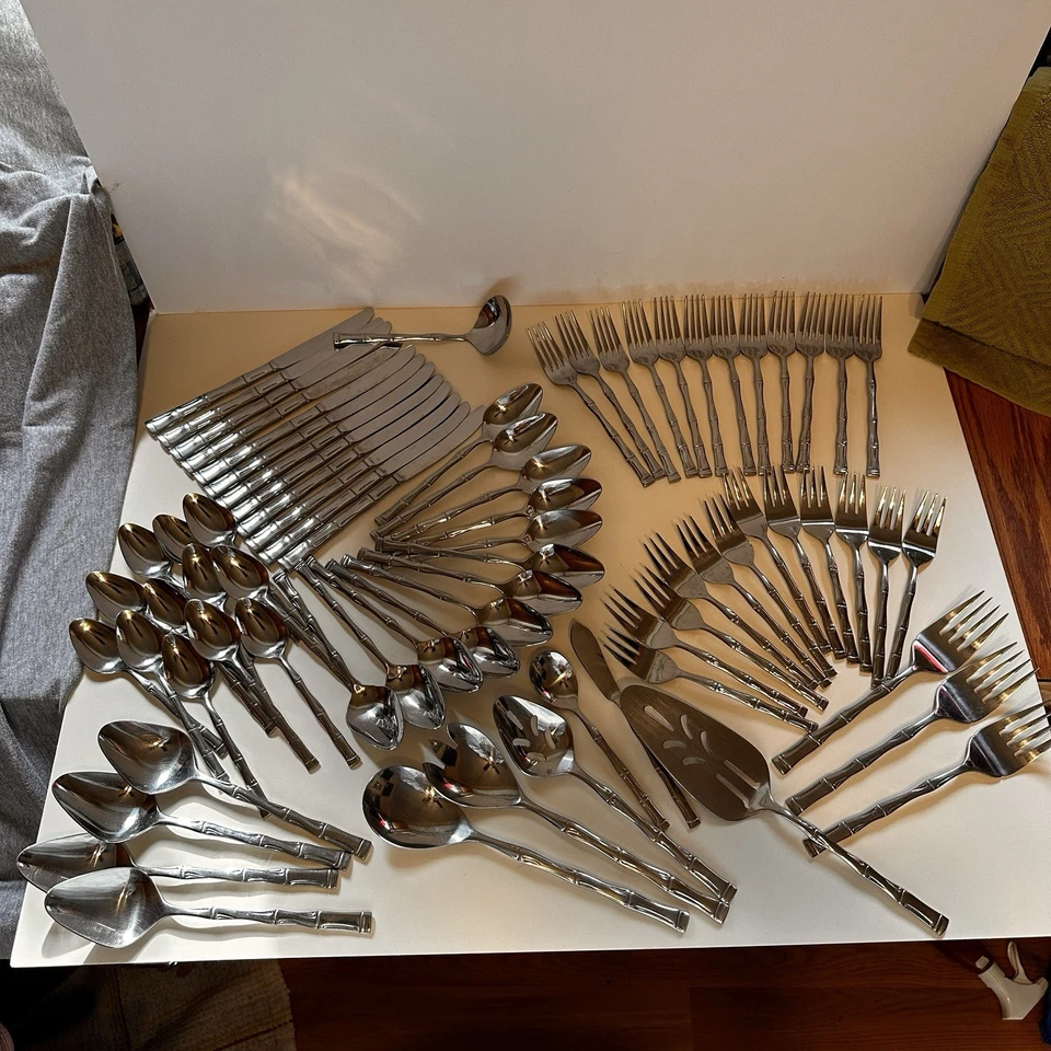 Talheres de aço inoxidável vintage MCM bambu coreia porção para 12 + extras = 74 peças em excelente estado usado - Imagem 2 de 4