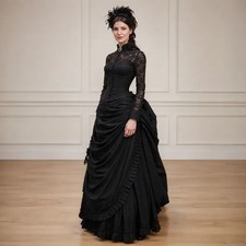 Gothic Black Evening Dress Long Ball Gown High Neck Long Sleeve Lace Corset