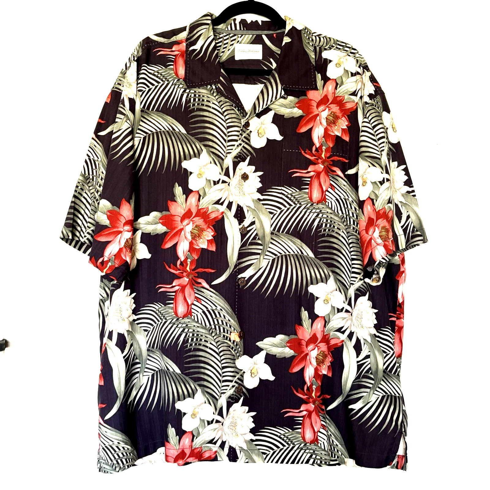 Tommy Bahama Silk Men XLX Hawaiian Black Floral Palm Loop Collar Short Slv Shirt