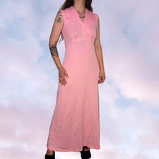 60s 70s Vtg Boho Mod Light Pink Long Maxi Empire Waist Wing Collared Dress Sz Md