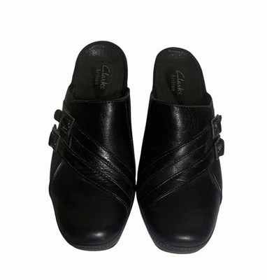 Clarks Artisan Women 8M Heel Mules Black Leather Clogs Slip On Buckle