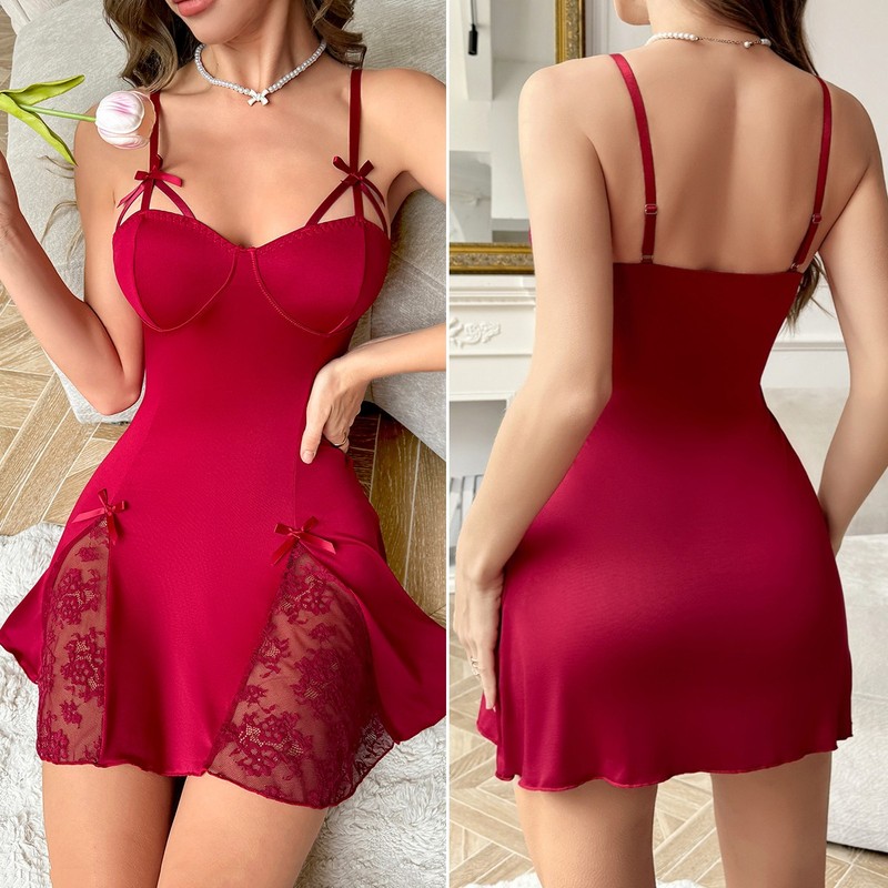 Red Women's Sexy Lingerie Full Slip Nightgown Babydoll Lace Dress Sleepwear M