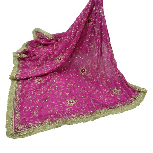 Vintage Heavy Pink Dupatta Pure Georgette Silk Long Stole Hand Embroidered Scarf - 第 3/16 張圖片