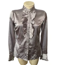 Amy Byer CA “B. Wear” JR Wom M Silver Satin Ruffled Blouse Cryst-Rhinest Buttons