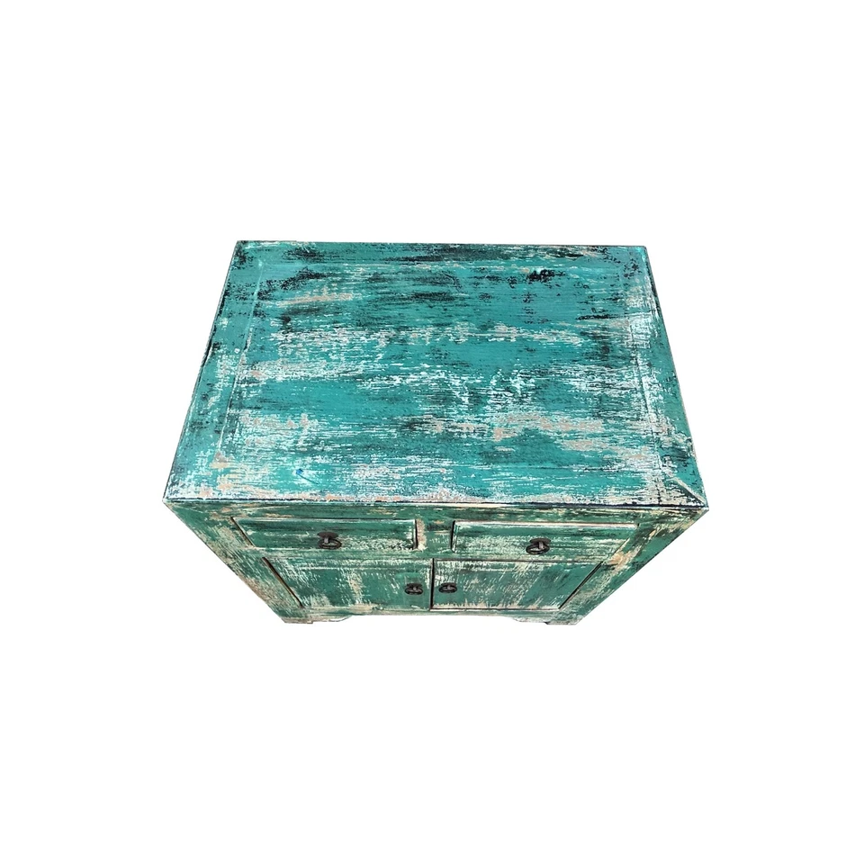 Oriental Distressed Teal Blue Green End Table Nightstand Chest ws4410 - Image 4 of 4