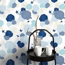Blue Foral Peel and Stick Bedroom Wall Decor Self-Adhesive Wallpaper 17.3"x118"