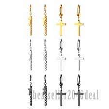 6 Pairs Stainless Steel Cross Tassel Drop Dangle Huggie Hoop Earrings Men Women