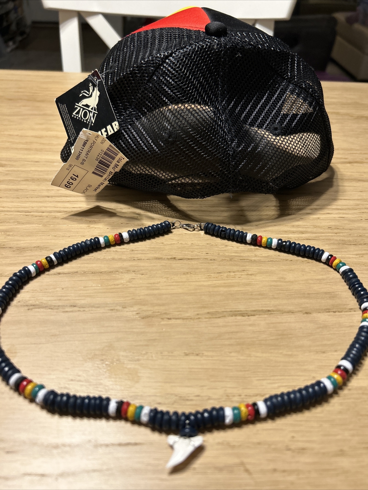 Bob Marley hat black red yellow green adjustable zion & Bead Necklace SharkTooth