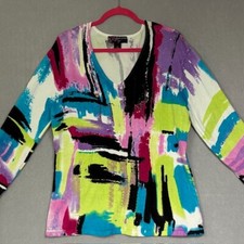 Peck Peck Abstract Sweater Womens XL Multi Color Long Sleeve V-Neck Beaded