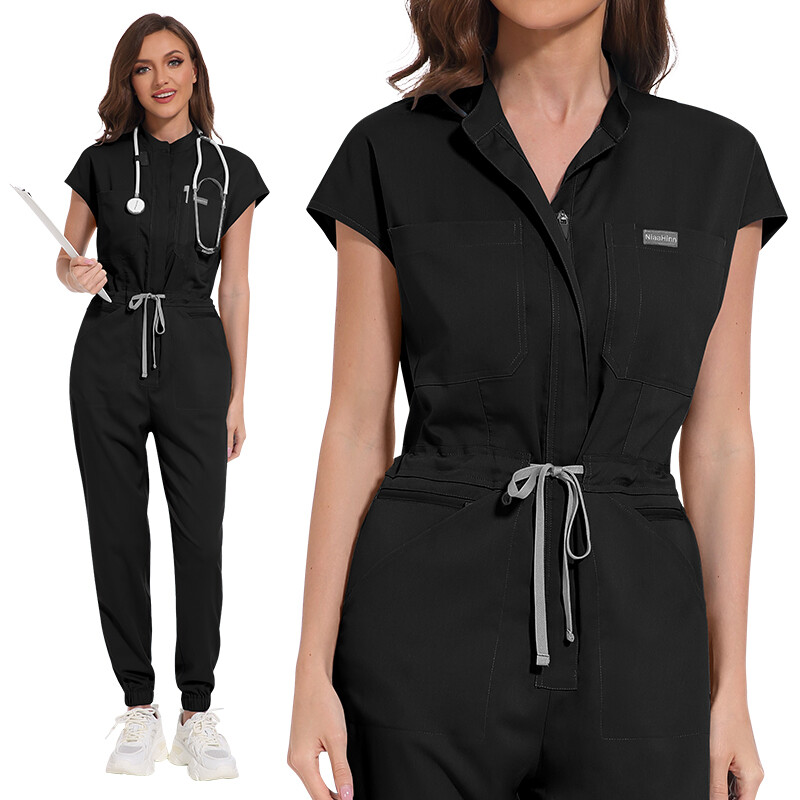 NiaaHinn Scrubs Jumpsuit Short Sleeve Jogger Coverall Medical Scrub Workware