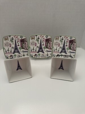 222 Fifth TRES CHIC PARIS Eiffel Tower 2 Dip Bowls & 3 Appetizer Plates
