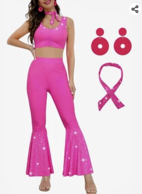 70s Pink Outfits Flared Pants for Women Hippie Disco Costume
