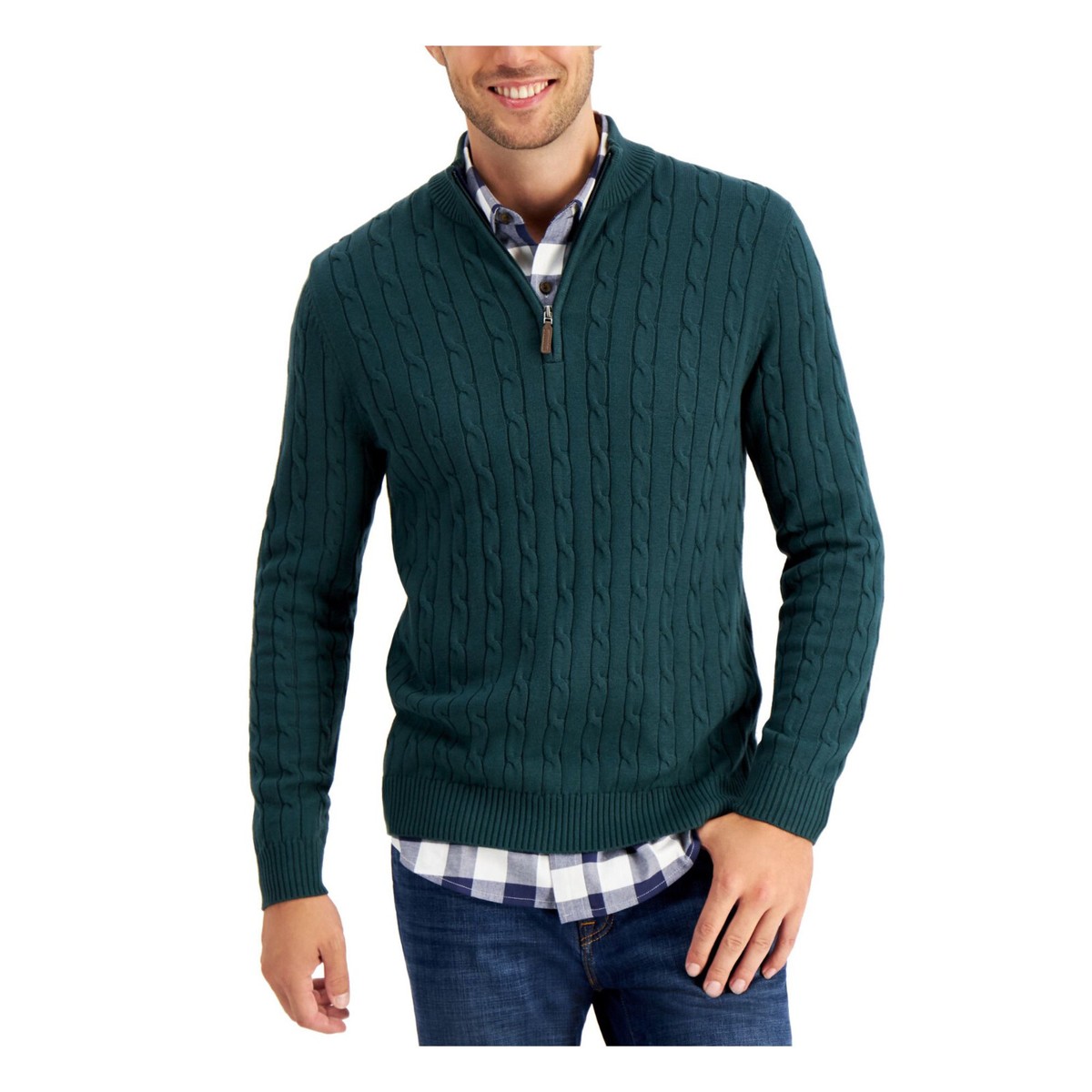 CLUBROOM Mens Green Stand Collar Quarter-Zip Pullover Sweater, Md CLUBROOM Mens Green Stand Collar Quarter-Zip Pullover Sweater, Md