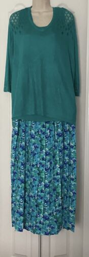 Set Plus Sz Women’s Laura Plus Knit Teal Top 2X & Leslie Fay Floral Skirt Sz 18 - Picture 1 of 11