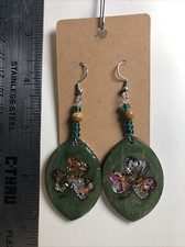 Lucky Earrings, Wooden Clover, Shamrock, Green , Very Lightweight , Hook Dangle