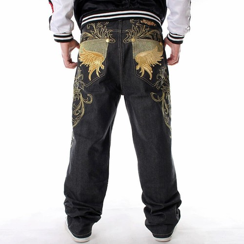 New Men's Black Denim Jeans – Baggy Loose Fit Casual Pants Hip-Hop Streetwear (Sizes 30-46)