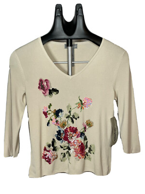Designer Originals V neck sweater Size PP  Small Beige Floral Sequins Vintage 