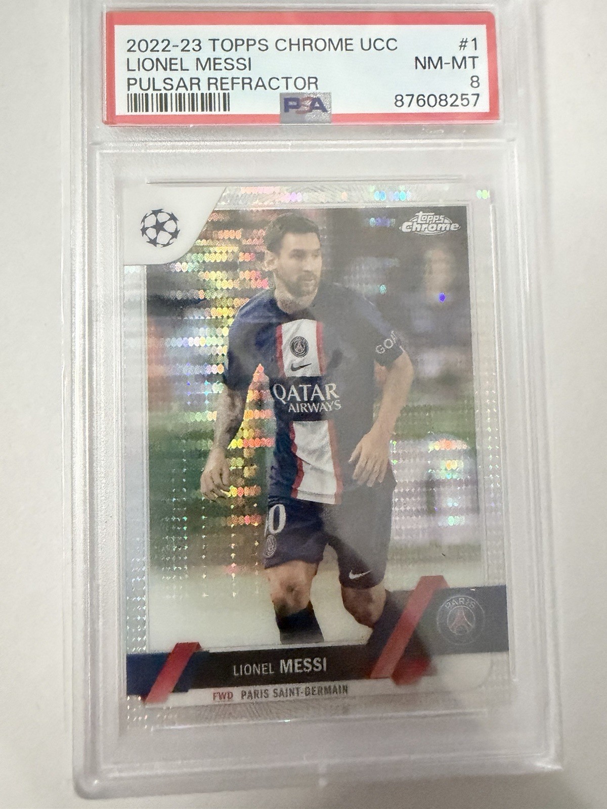 2022 Chrome UEFA Club Competitions Pulsar Refractor Lionel Messi #1 PSA 8 09gn