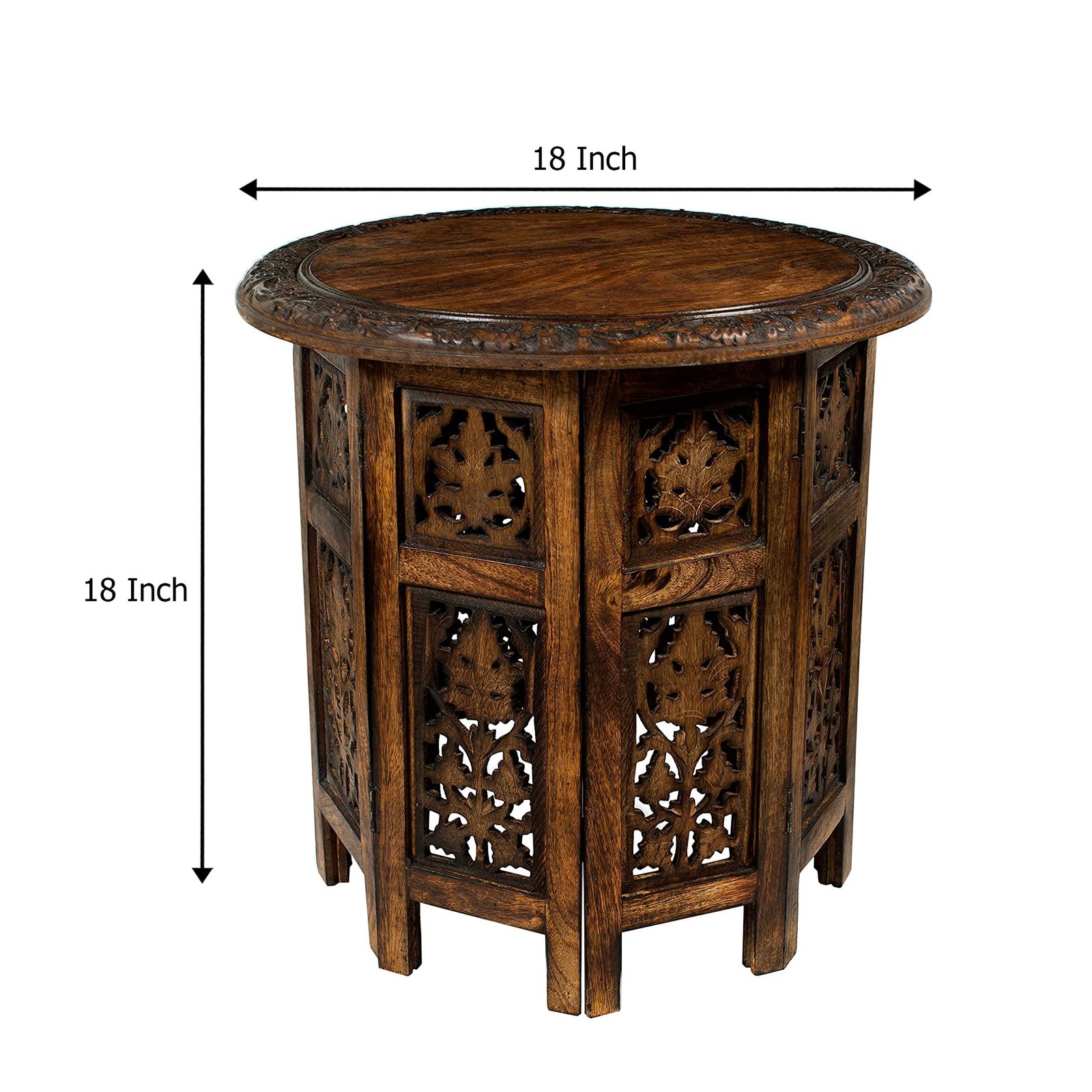 Solid Wood Accent End Table - Hand Carved Vintage Boho Folding Side Table - S...
