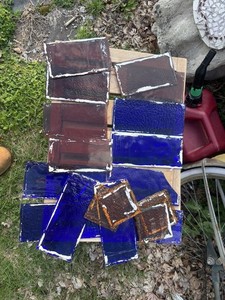 Antique Assorted Multicolor Stained Glass  Scraps From Old Windows Cobalt